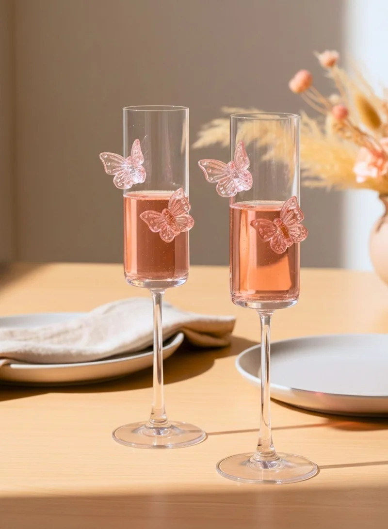 1Chase  Butterfly Champagne Glass Set of 2, Flute Shape Wine Glasses with Pink Butterfly Design, 180ML Elegant Glassware for Red & White Wine, Champagne & Sparkling Drinks  | Best Price UAE